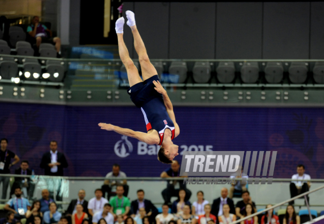 Bakı-2015 Avropa Oyunları çərçivəsində batut gimnastikası üzrə kişilər və qadınlar arasında təsnifat yarışları. Azərbaycan, 17 iyun 2015 